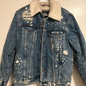 Distressed Denim Shearling Jacket - Zara Brand